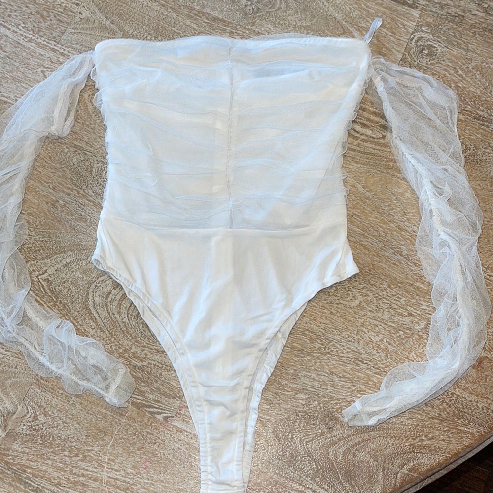 pretty little things white sheer bodysuit size 6